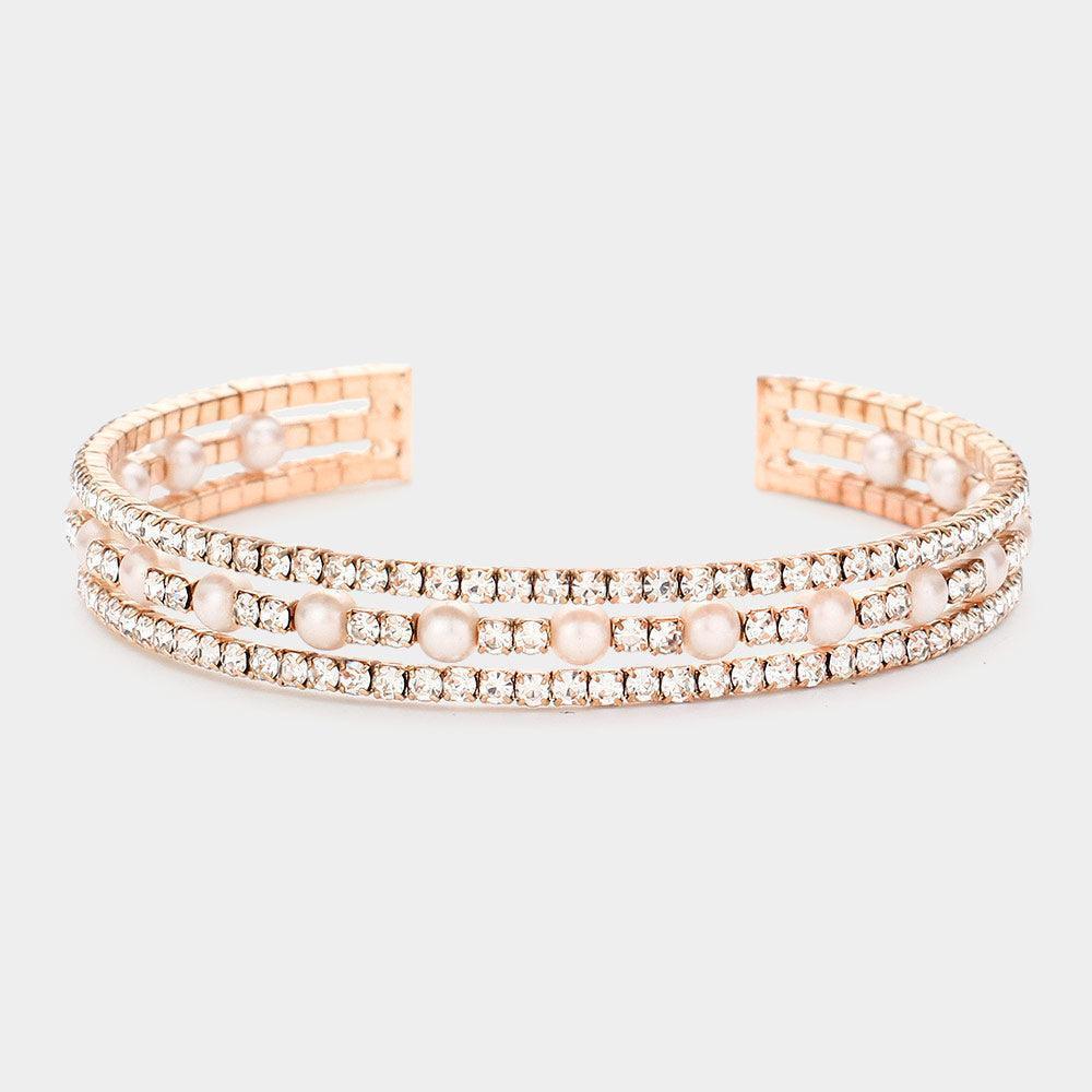 Rose Gold Pearl Accented Split Rhinestone Cuff Evening Bracelet - Jewelry Store by Erik Rayo