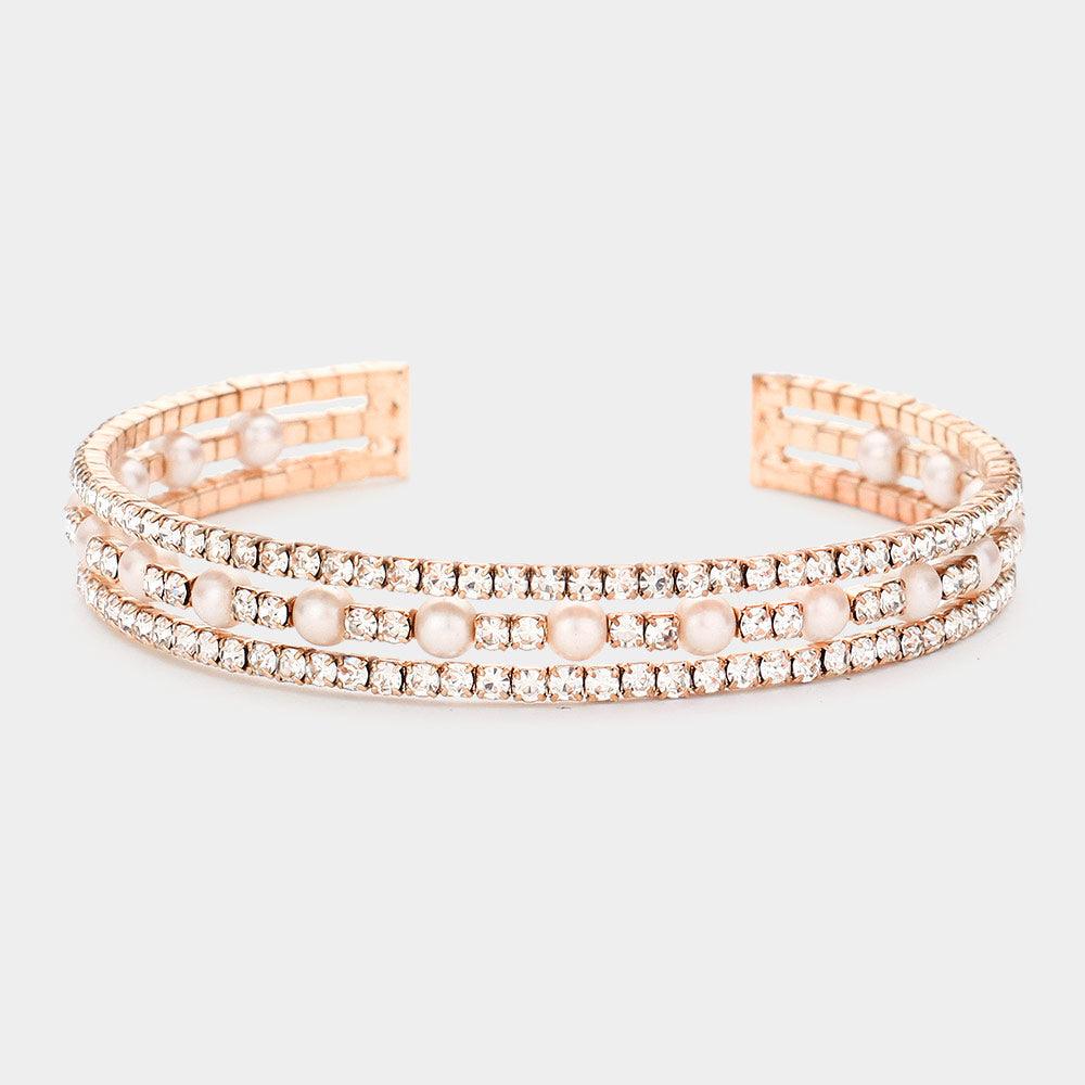 Rose Gold Pearl Accented Split Rhinestone Cuff Evening Bracelet