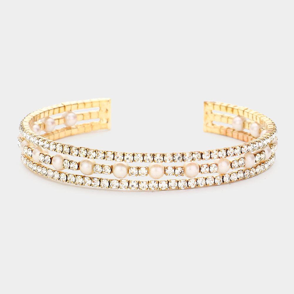 Gold Pearl Accented Split Rhinestone Cuff Evening Bracelet