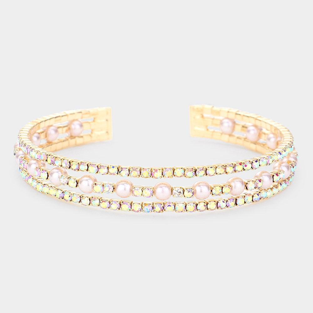 Gold Pearl Accented Split Rhinestone Cuff Evening Bracelet