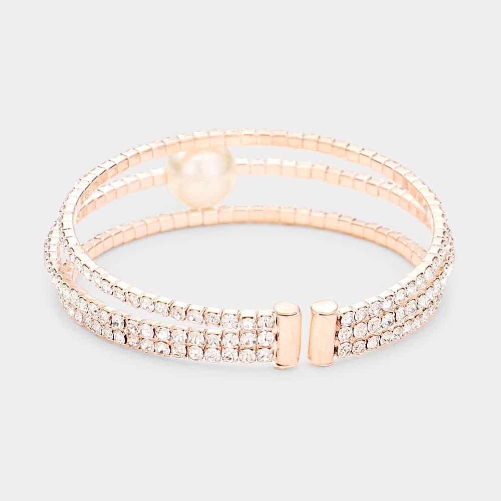 Rose Gold Pearl Accented Split Rhinestone Evening Cuff Bracelet - Jewelry Store by Erik Rayo