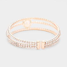 Load image into Gallery viewer, Rose Gold Pearl Accented Split Rhinestone Evening Cuff Bracelet
