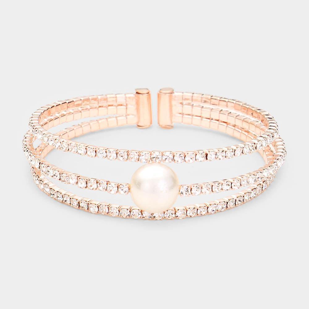 Rose Gold Pearl Accented Split Rhinestone Evening Cuff Bracelet - Jewelry Store by Erik Rayo