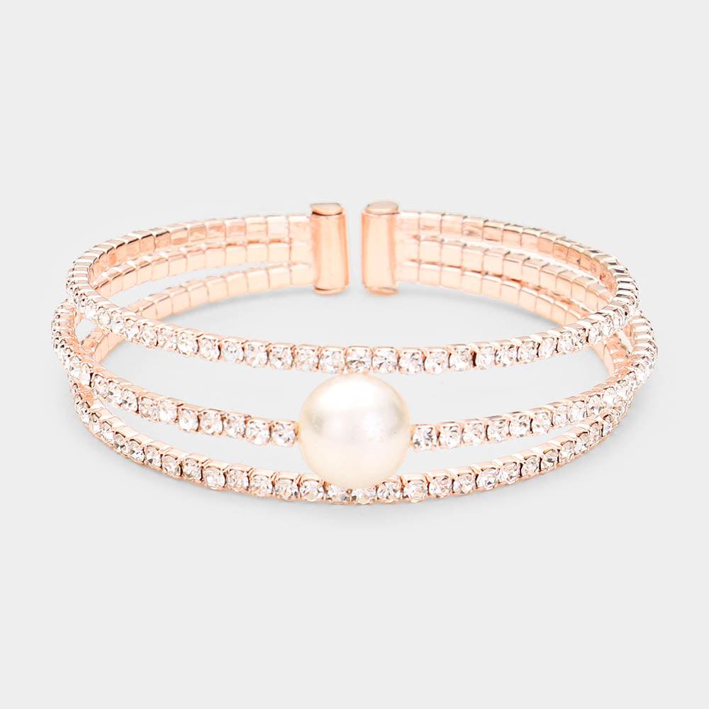 Rose Gold Pearl Accented Split Rhinestone Evening Cuff Bracelet