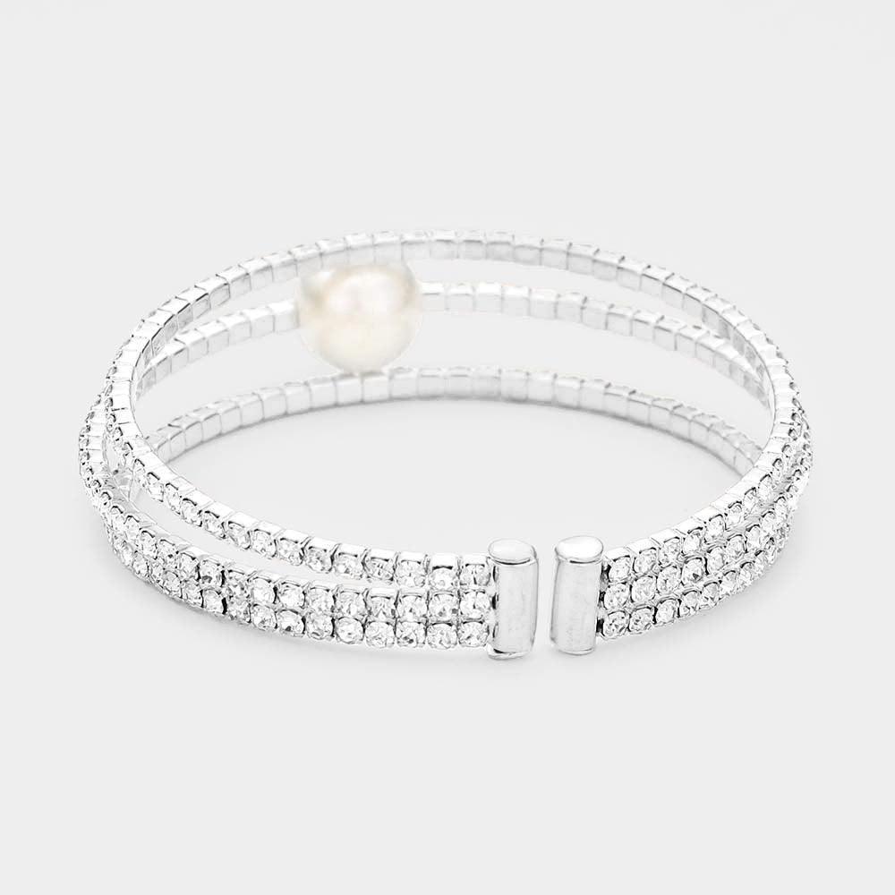 Silver Pearl Accented Split Rhinestone Evening Cuff Bracelet - Jewelry Store by Erik Rayo