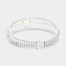 Load image into Gallery viewer, Silver Pearl Accented Split Rhinestone Evening Cuff Bracelet
