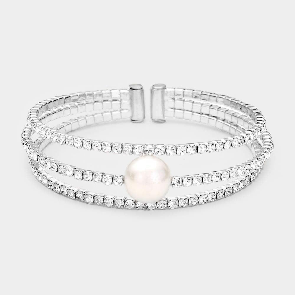 Silver Pearl Accented Split Rhinestone Evening Cuff Bracelet - Jewelry Store by Erik Rayo