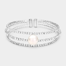 Load image into Gallery viewer, Silver Pearl Accented Split Rhinestone Evening Cuff Bracelet
