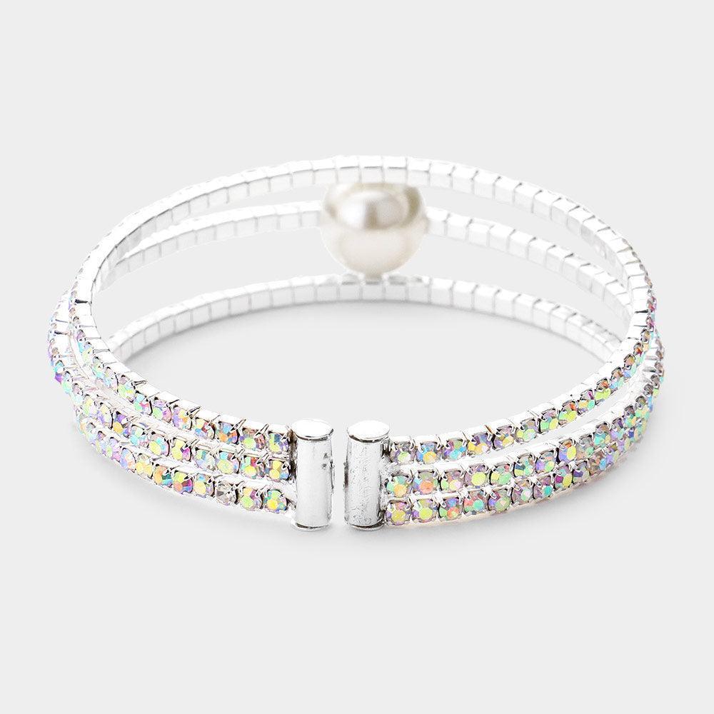 Silver Pearl Accented Split Rhinestone Evening Cuff Bracelet - Jewelry Store by Erik Rayo