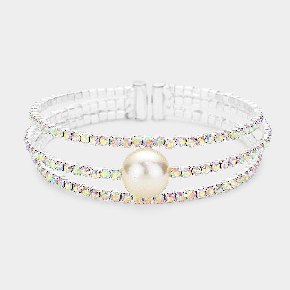 Silver Pearl Accented Split Rhinestone Evening Cuff Bracelet - Jewelry Store by Erik Rayo