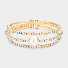 Load image into Gallery viewer, Gold Pearl Accented Split Rhinestone Evening Cuff Bracelet
