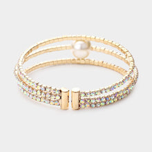 Load image into Gallery viewer, Gold Pearl Accented Split Rhinestone Evening Cuff Bracelet
