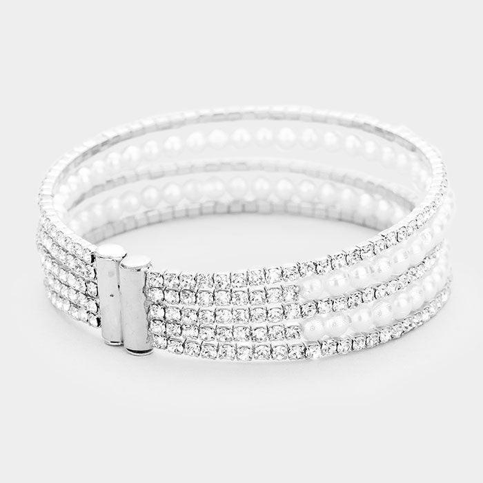 Clear 5Row Crystal Pave Pearl Cuff Evening Bracelet - Jewelry Store by Erik Rayo