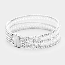 Load image into Gallery viewer, Clear 5Row Crystal Pave Pearl Cuff Evening Bracelet
