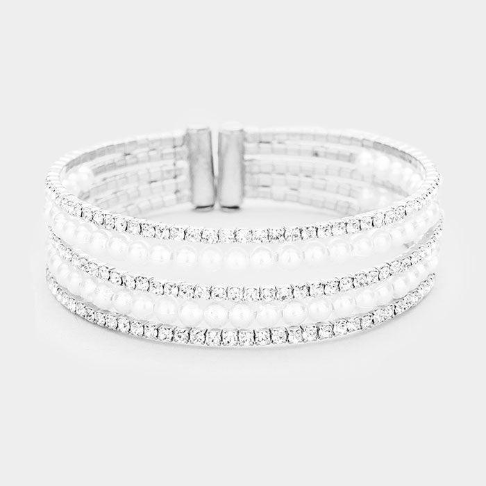 Clear 5Row Crystal Pave Pearl Cuff Evening Bracelet - Jewelry Store by Erik Rayo