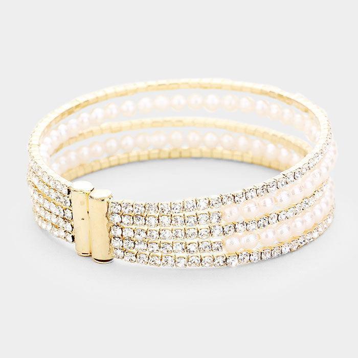 Gold 5Row Crystal Pave Pearl Cuff Evening Bracelet - Jewelry Store by Erik Rayo