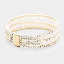 Load image into Gallery viewer, Gold 5Row Crystal Pave Pearl Cuff Evening Bracelet
