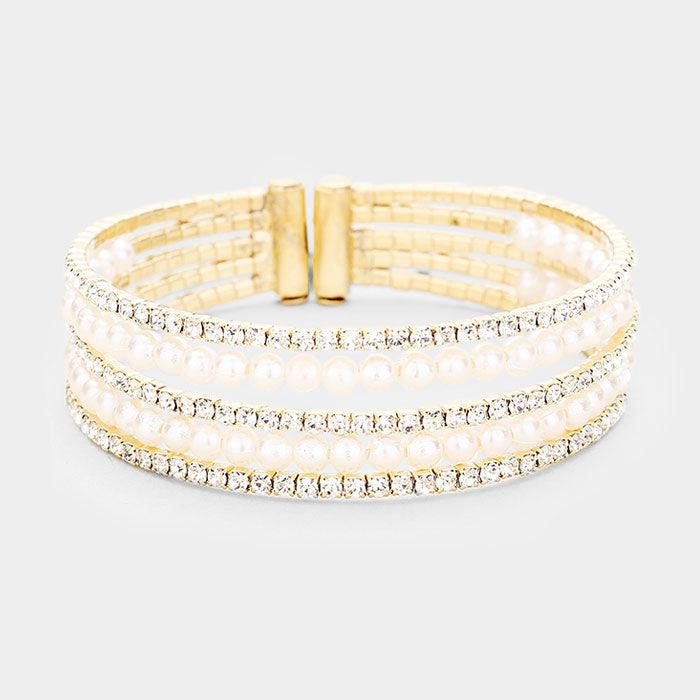 Gold 5Row Crystal Pave Pearl Cuff Evening Bracelet