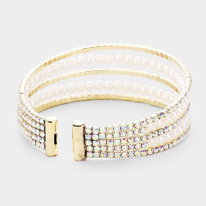 Gold 5Row Crystal Pave Pearl Cuff Evening Bracelet - Jewelry Store by Erik Rayo