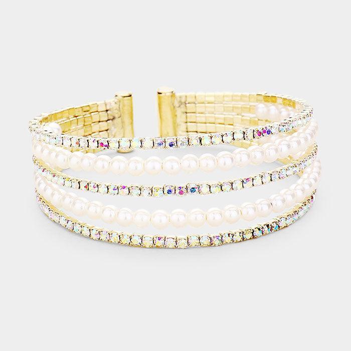 Gold 5Row Crystal Pave Pearl Cuff Evening Bracelet - Jewelry Store by Erik Rayo