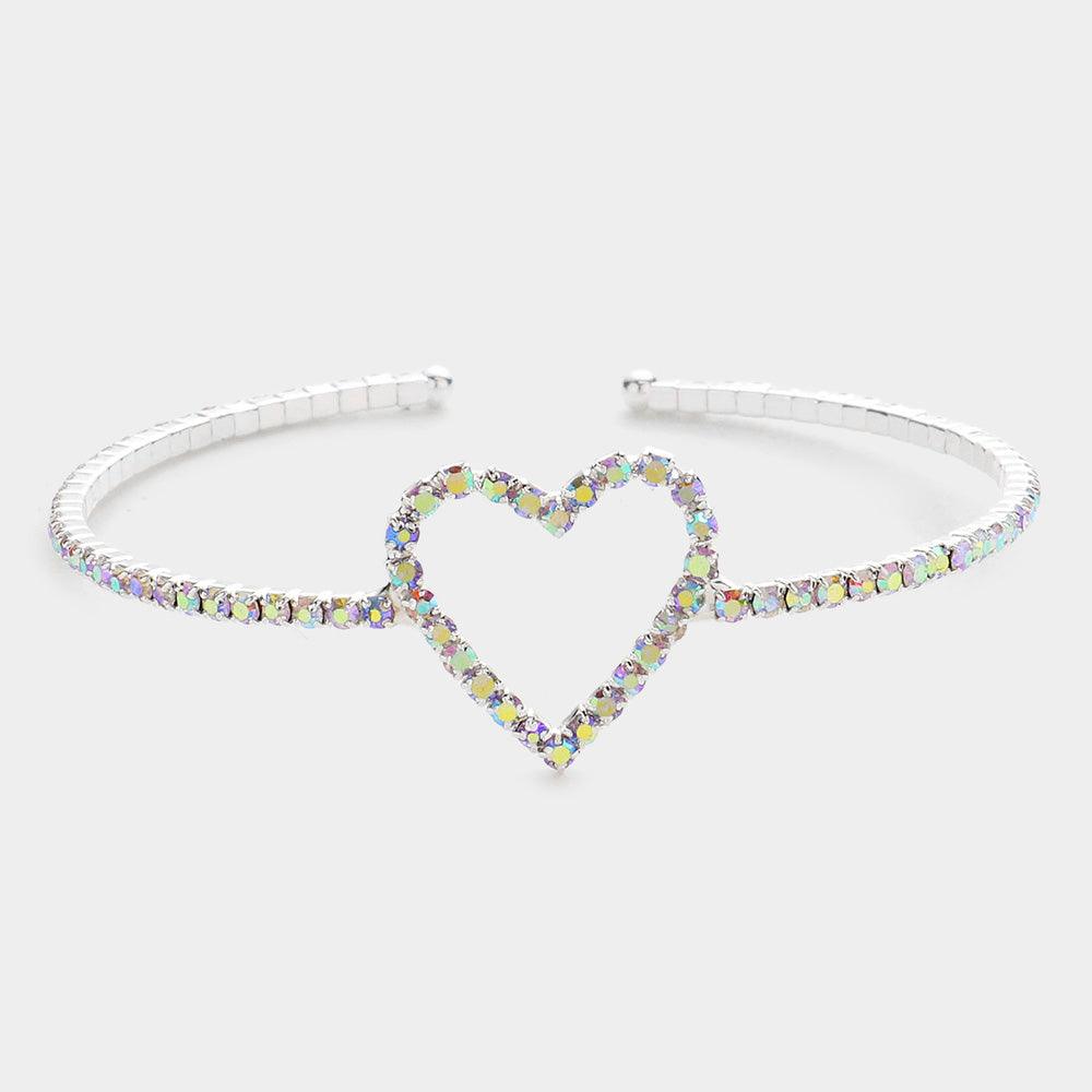 Silver Rhinestone Open Heart Cuff Bracelet