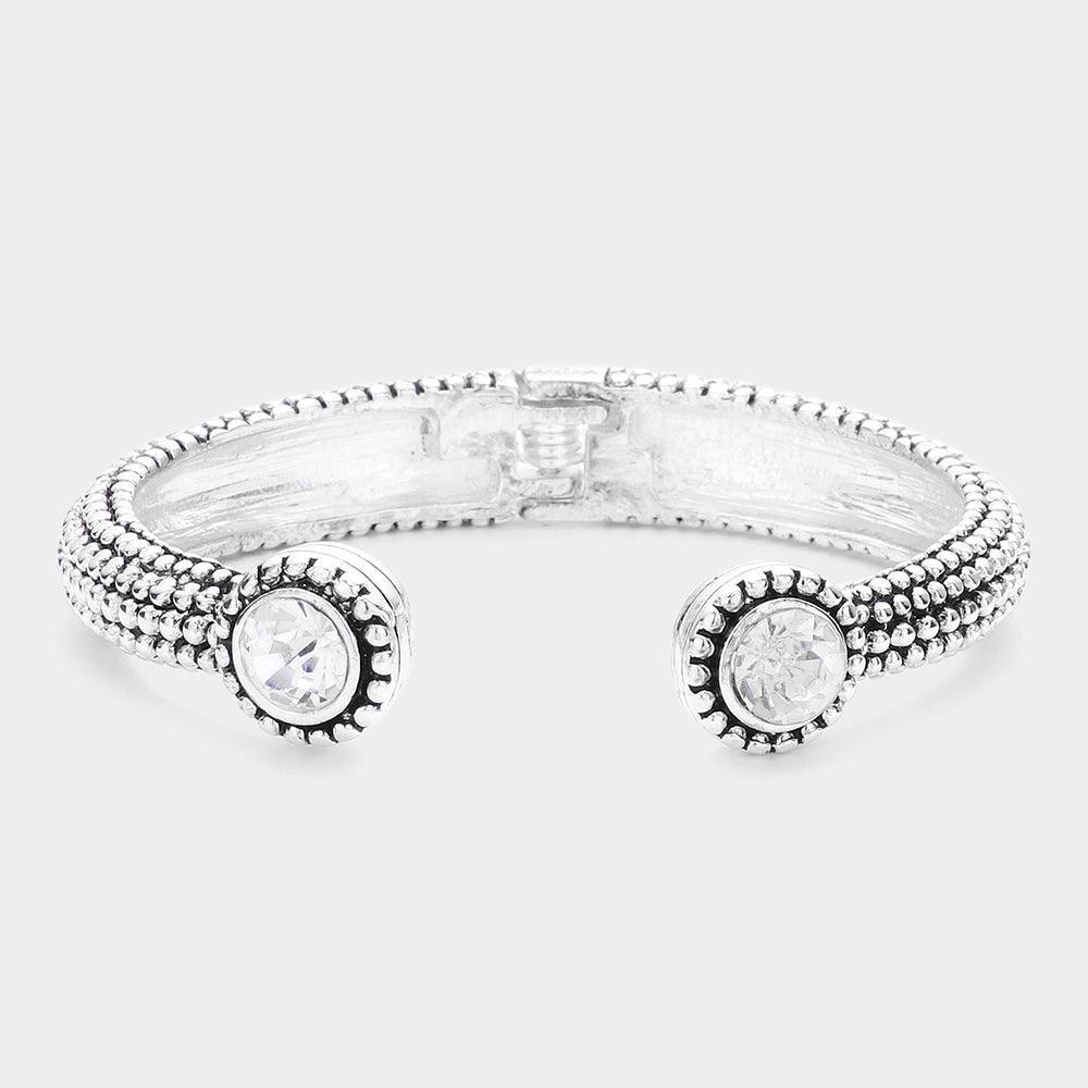 Clear Textured Antique Metal Round Stone Tip Hinged Cuff Bracelet - Jewelry Store by Erik Rayo