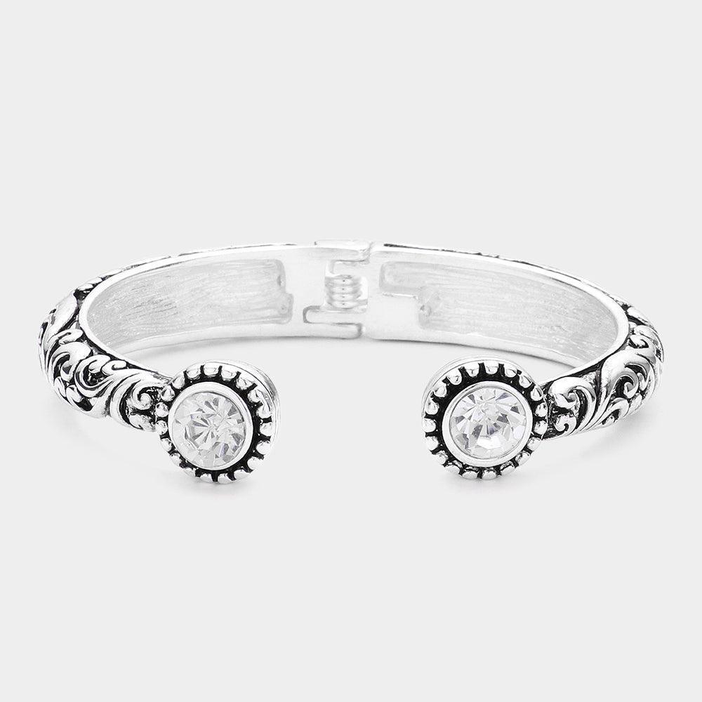 Clear Textured Antique Metal Round Stone Tip Hinged Cuff Bracelet - Jewelry Store by Erik Rayo