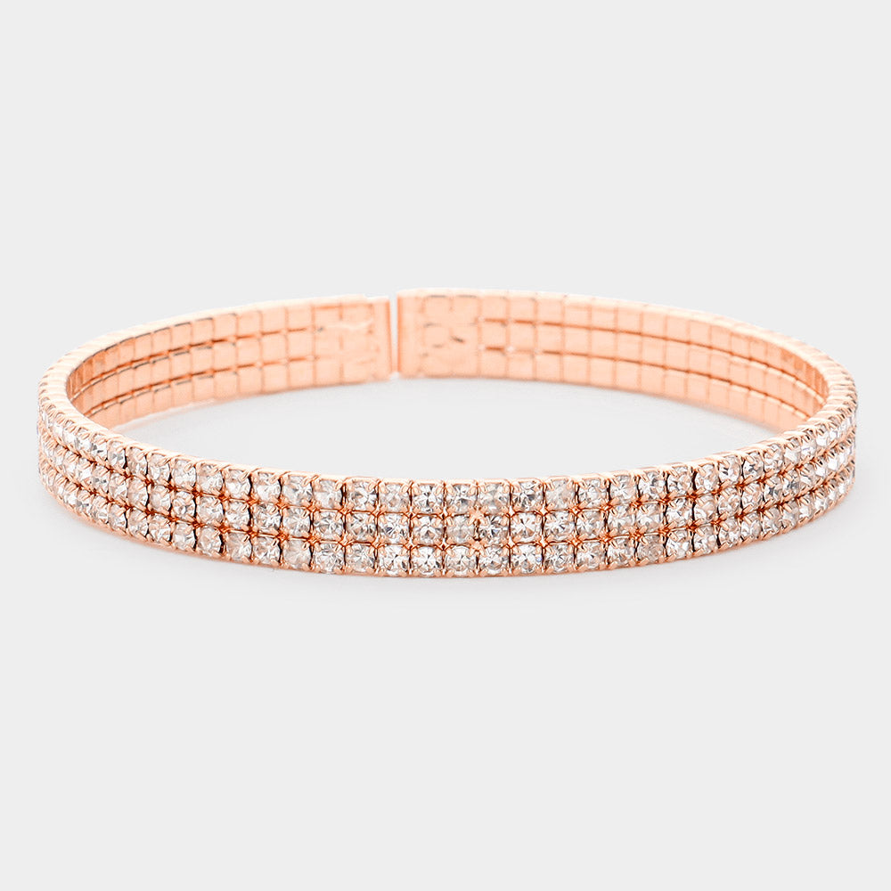 Rose Gold Brass Metal 3Rows Rhinestone Cuff Bracelet