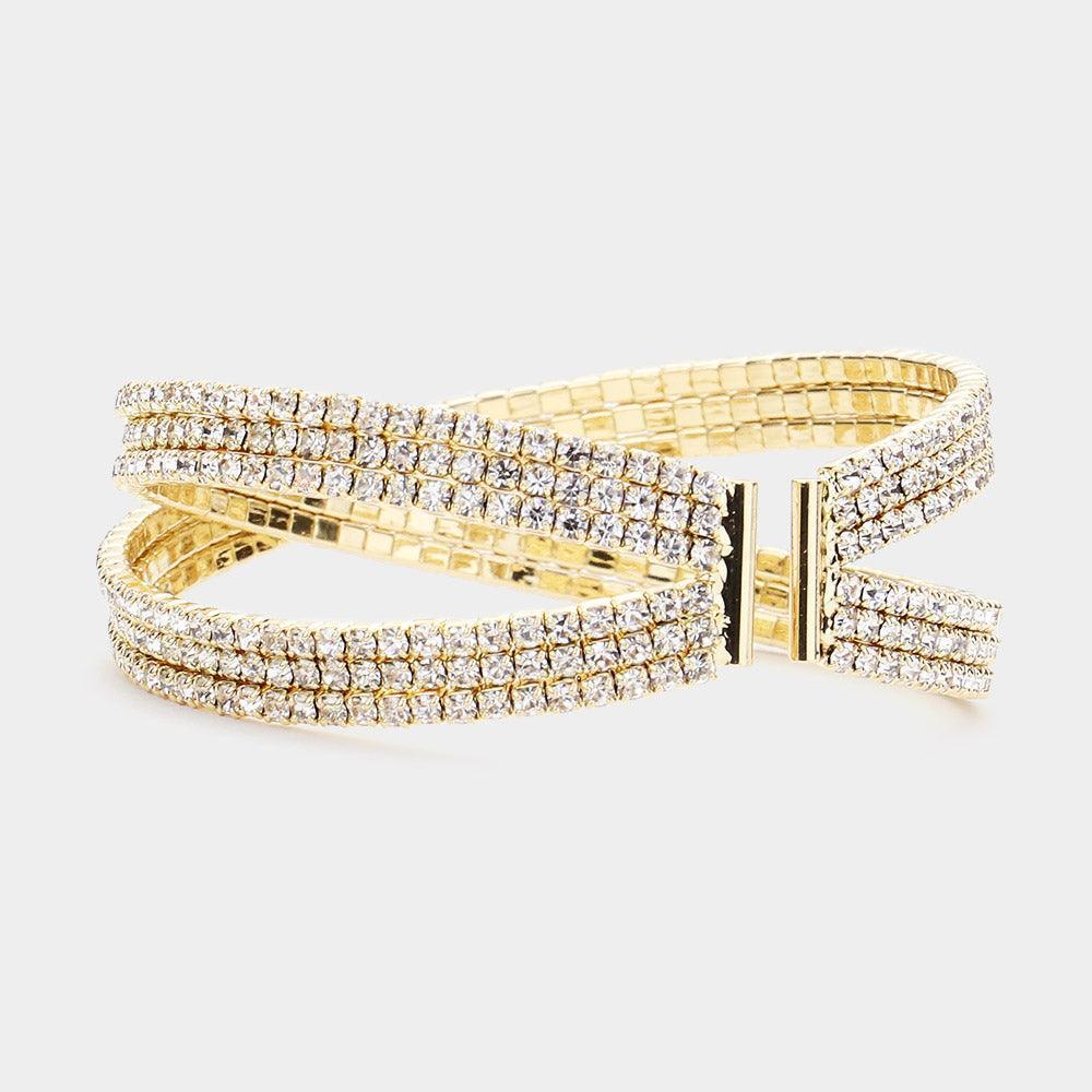 Gold Rhinestone Embellished Crisscross Cuff Evening Bracelet - Jewelry Store by Erik Rayo