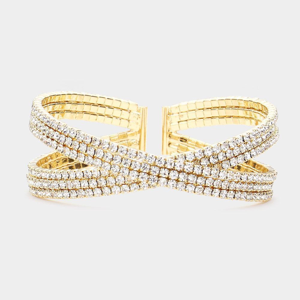 Gold Rhinestone Embellished Crisscross Cuff Evening Bracelet - Jewelry Store by Erik Rayo