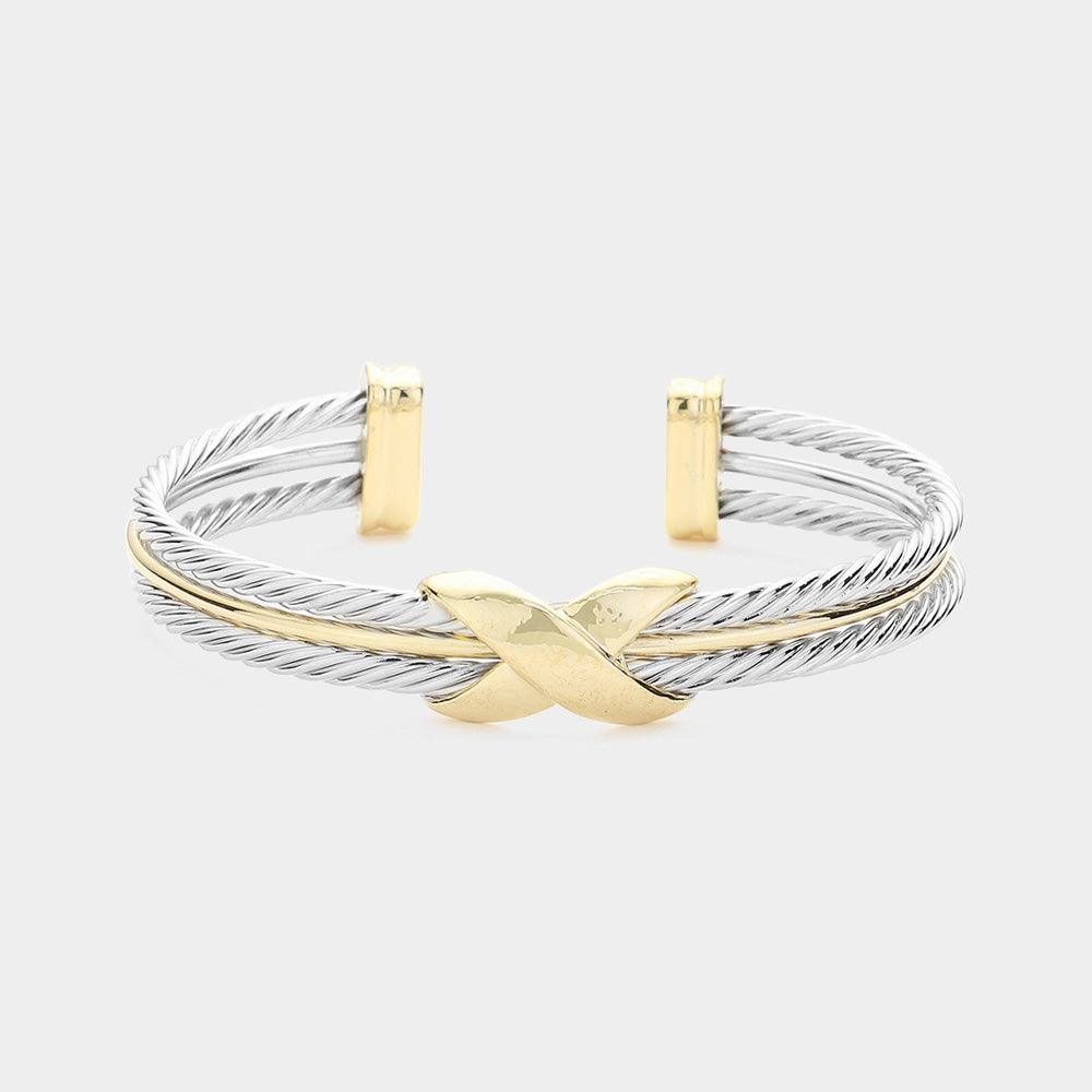 Gold 14K Gold Plated Two Tone Crisscross Pointed Twisted Metal Cuff Bracelet