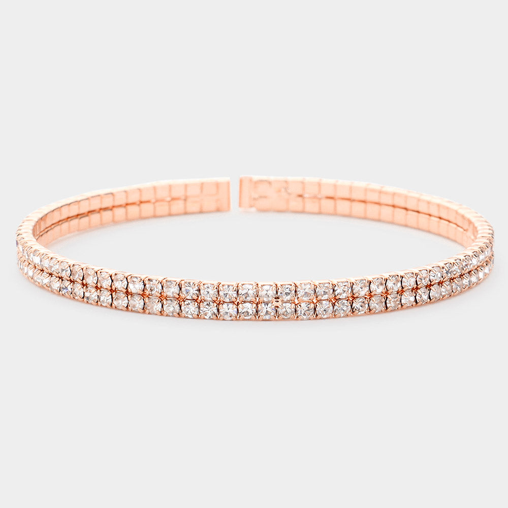 Rose Gold Brass Metal 2Rows Rhinestone Cuff Bracelet