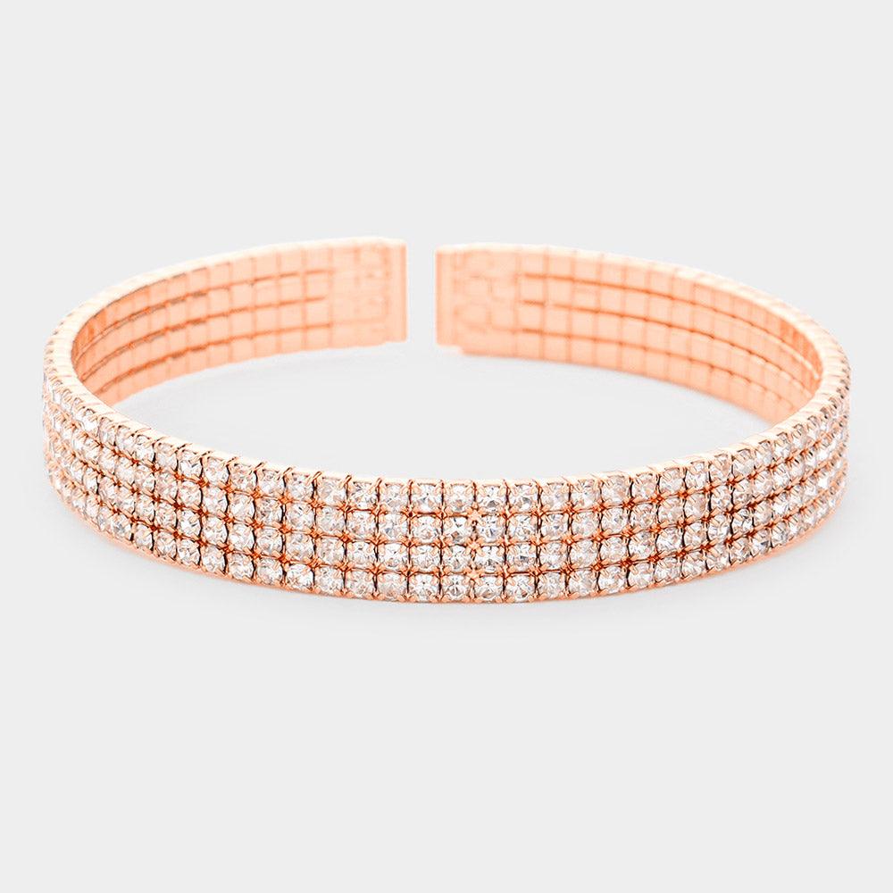 Rose Gold Brass Metal 4Rows Rhinestone Cuff Bracelet - Jewelry Store by Erik Rayo