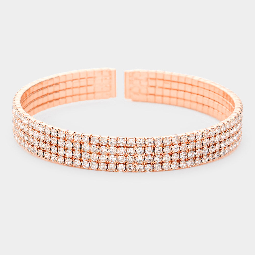 Rose Gold Brass Metal 4Rows Rhinestone Cuff Bracelet