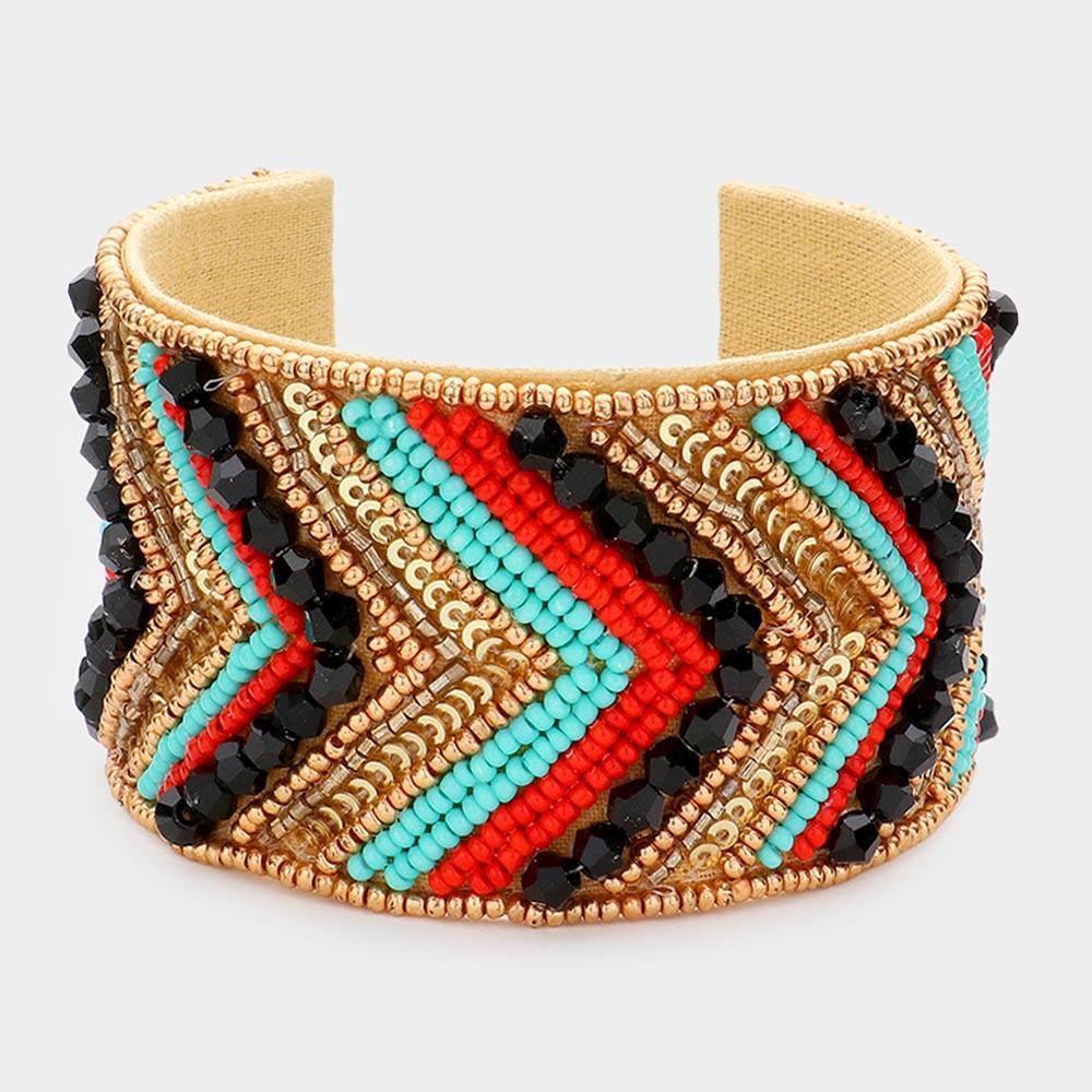 Boho Beaded Chevron Patterned Cuff Bracelet - Jewelry Store by Erik Rayo