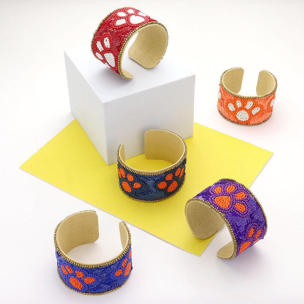 Burgundy Game Day Sequin Seed Beaded Paw Accented Cuff Bracelet - Jewelry Store by Erik Rayo