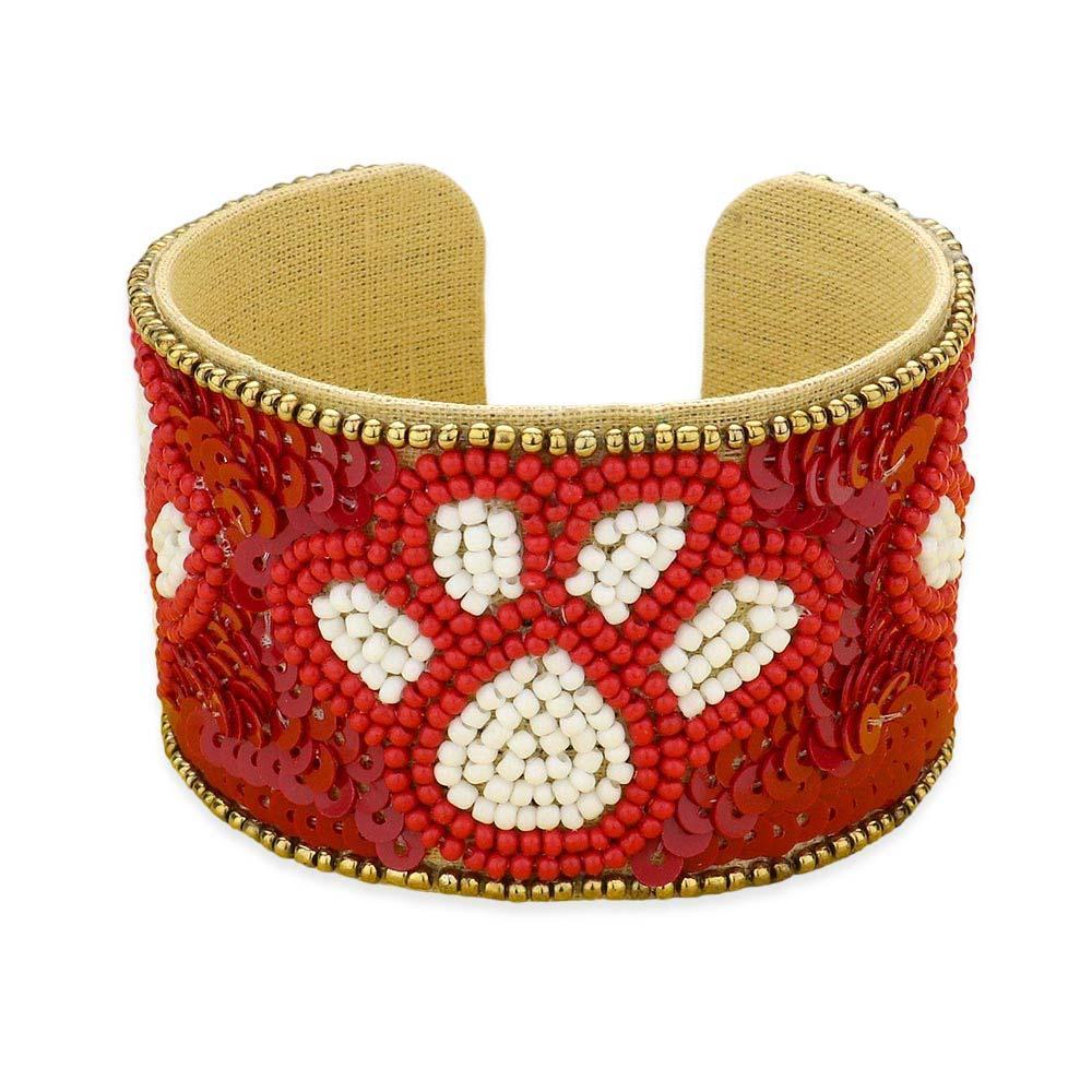Burgundy Game Day Sequin Seed Beaded Paw Accented Cuff Bracelet - Jewelry Store by Erik Rayo