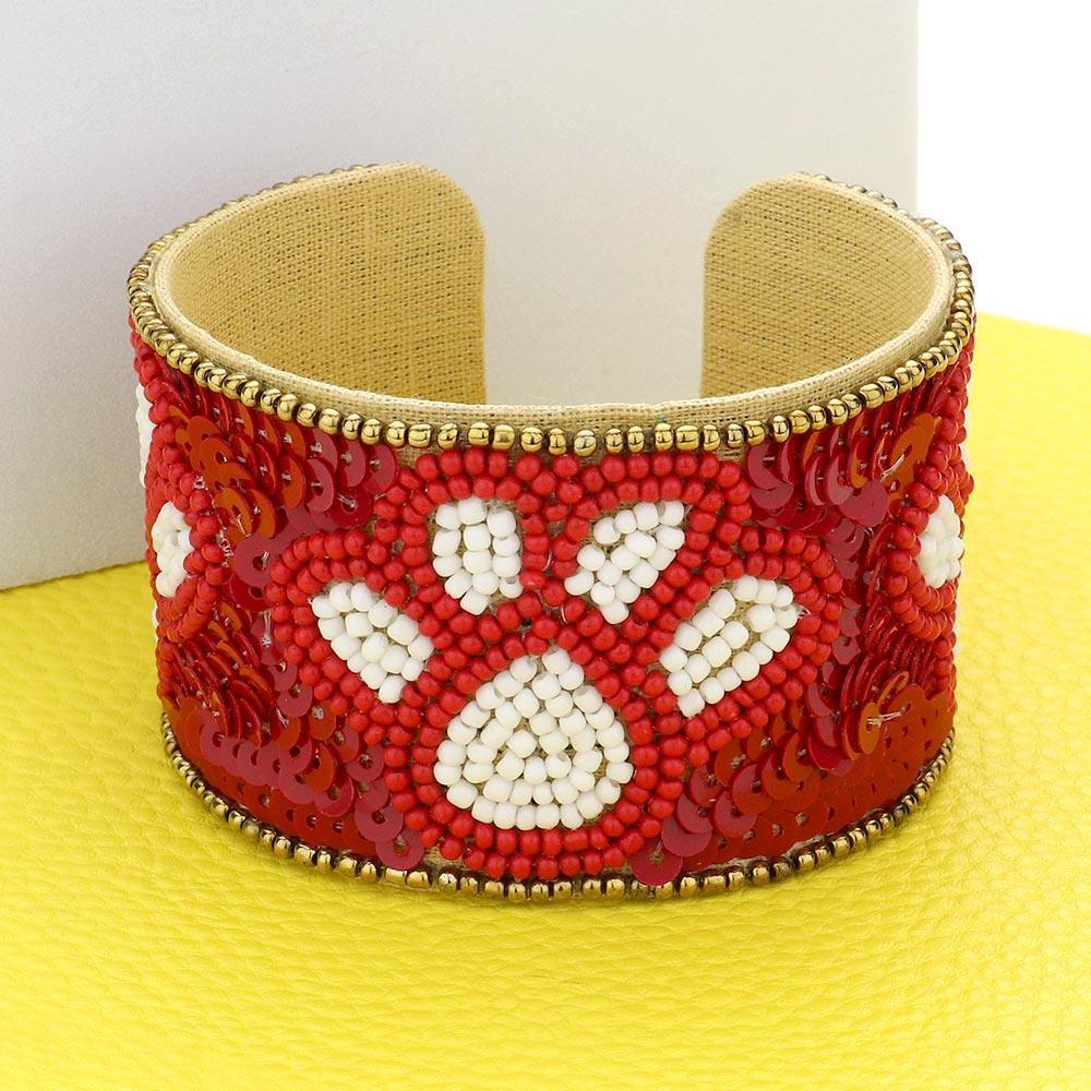 Burgundy Game Day Sequin Seed Beaded Paw Accented Cuff Bracelet - Jewelry Store by Erik Rayo