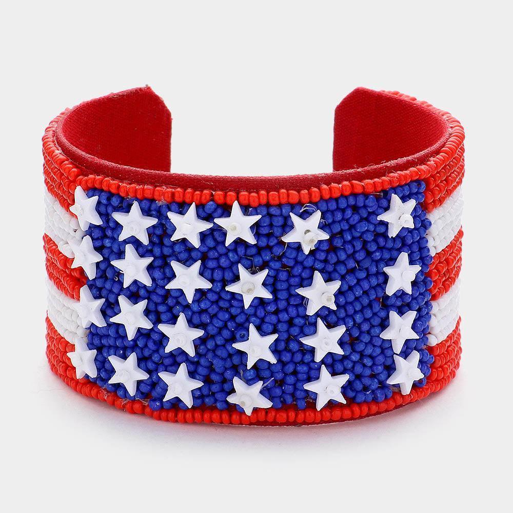 American USA Flag Seed Beaded Cuff Bracelet - Jewelry Store by Erik Rayo