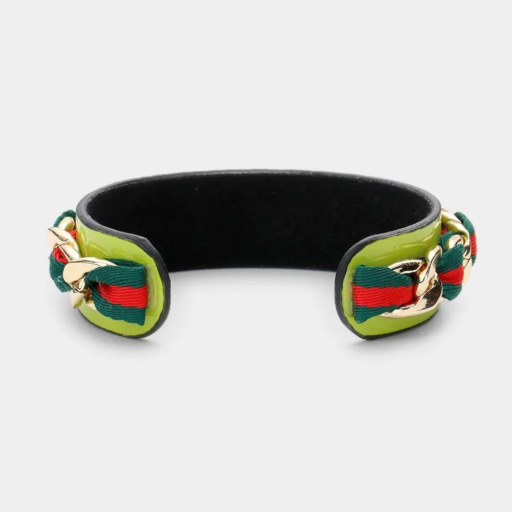 Green Color Block Fabric Metal Chain Cuff Bracelet - Jewelry Store by Erik Rayo