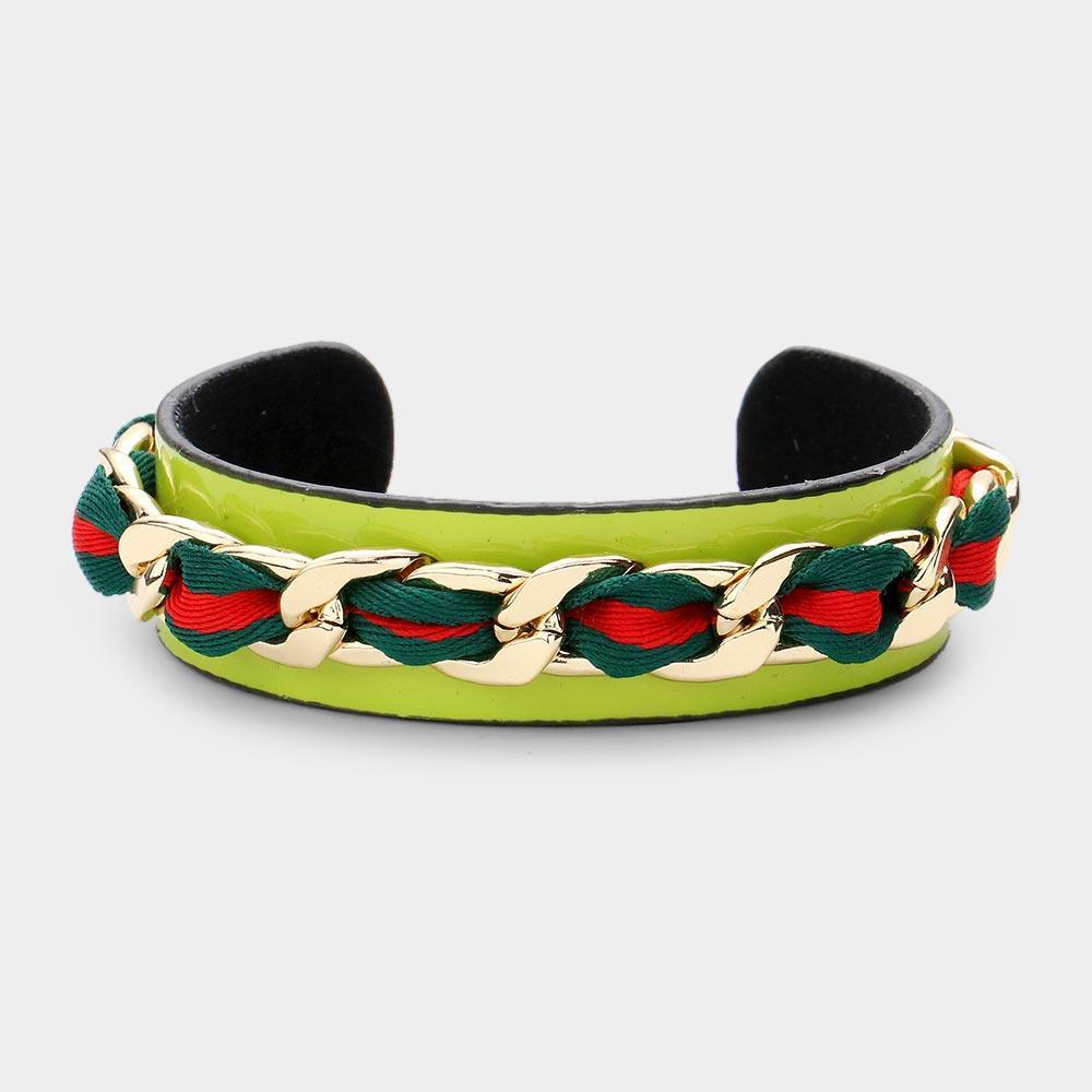 Green Color Block Fabric Metal Chain Cuff Bracelet - Jewelry Store by Erik Rayo