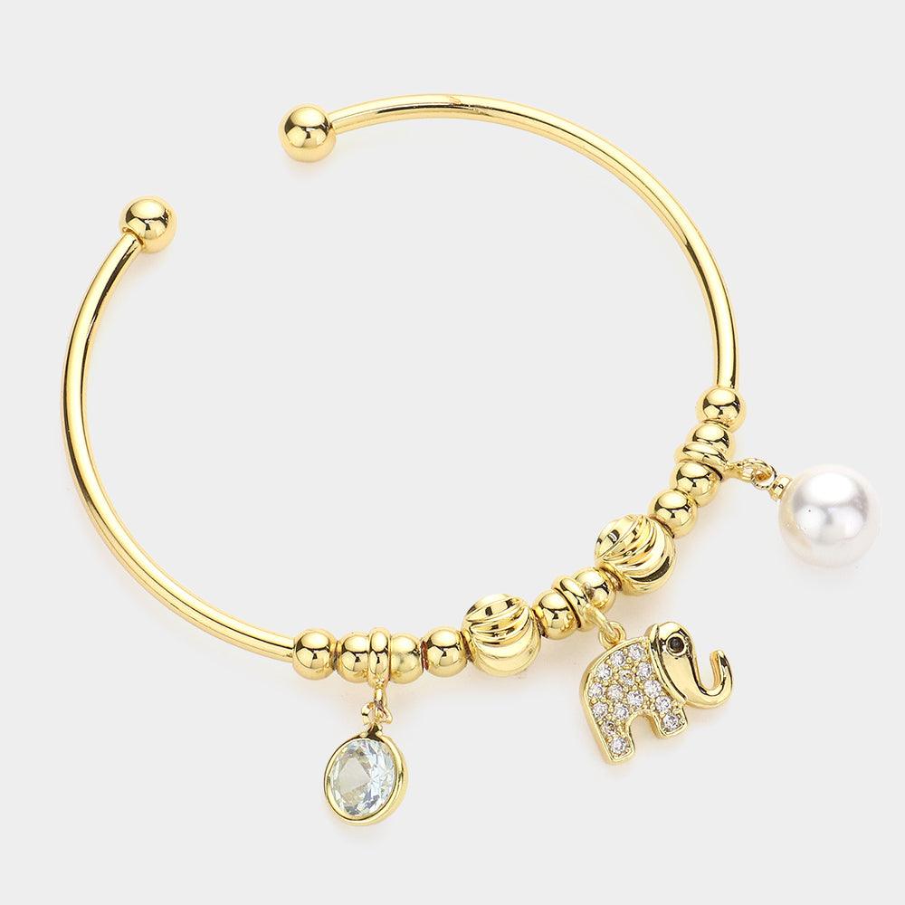 Gold CZ Round Stone Elephant Pearl Charm Cuff Bracelet