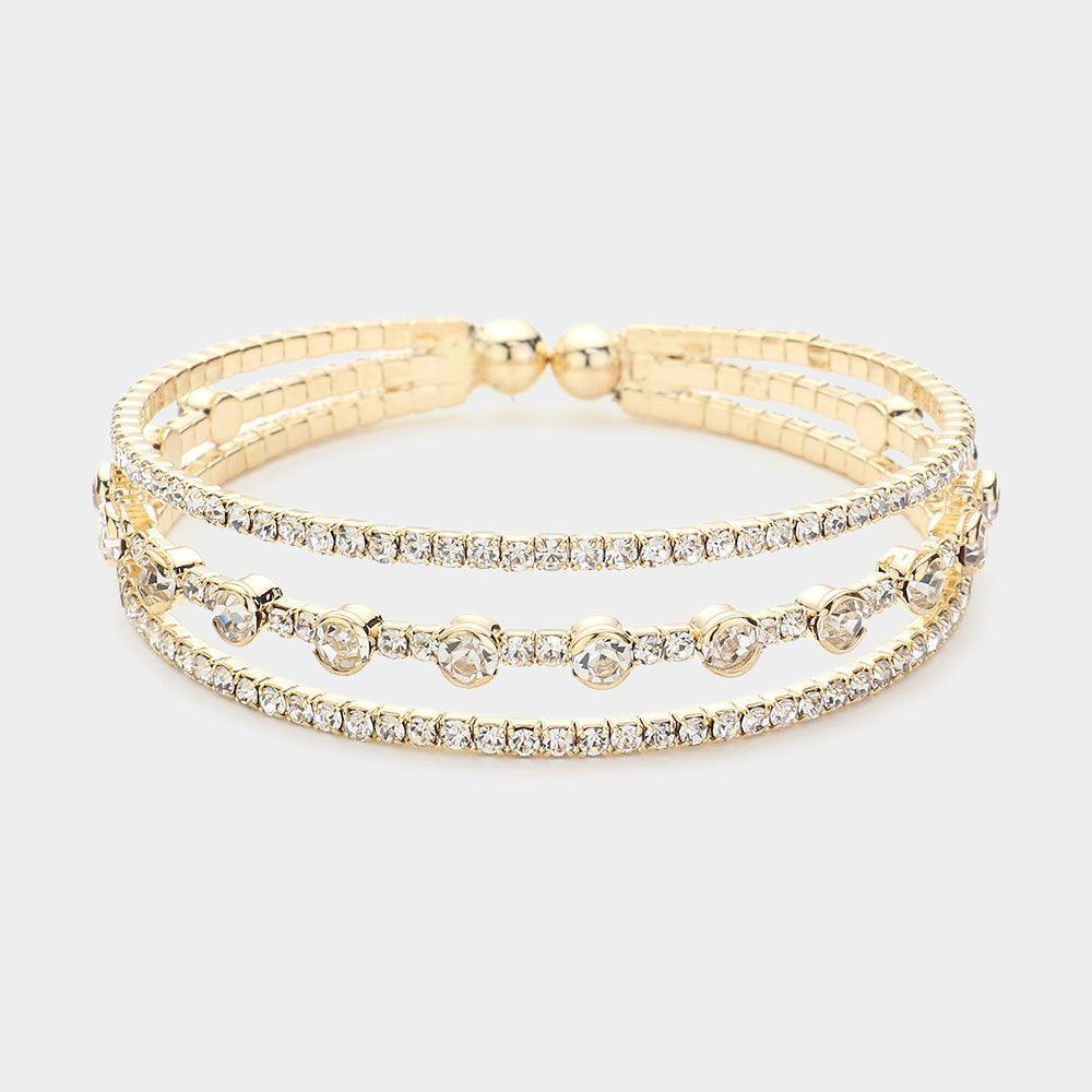 Gold Round Stone Pointed Rhinestone Paved Split Evening Cuff Bracelet - Jewelry Store by Erik Rayo
