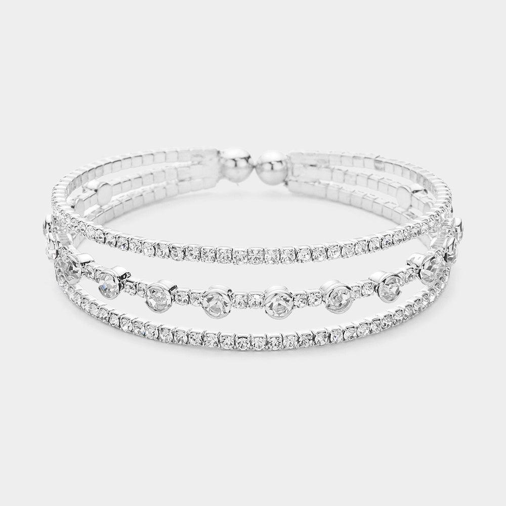 Silver Round Stone Pointed Rhinestone Paved Split Evening Cuff Bracelet - Jewelry Store by Erik Rayo