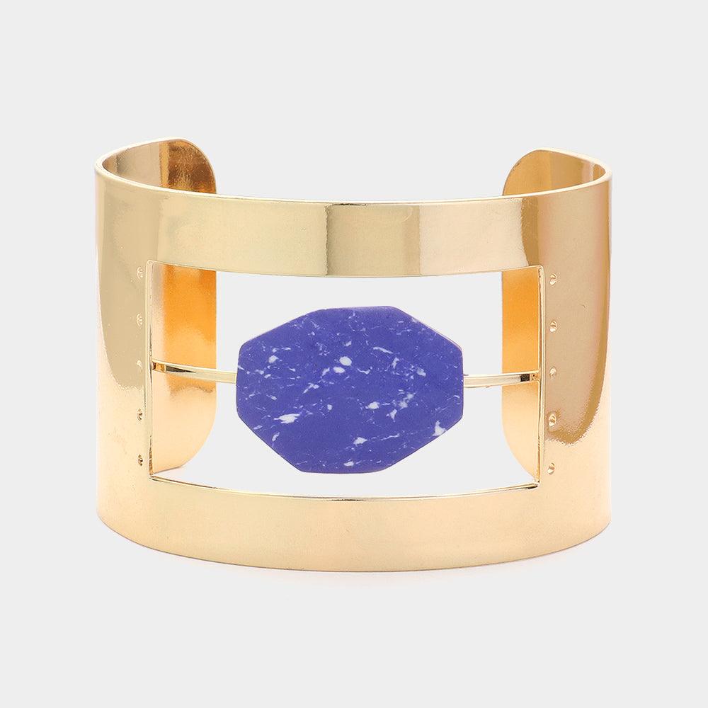 Blue Marble Stone Accented Metal Cage Cuff Bracelet