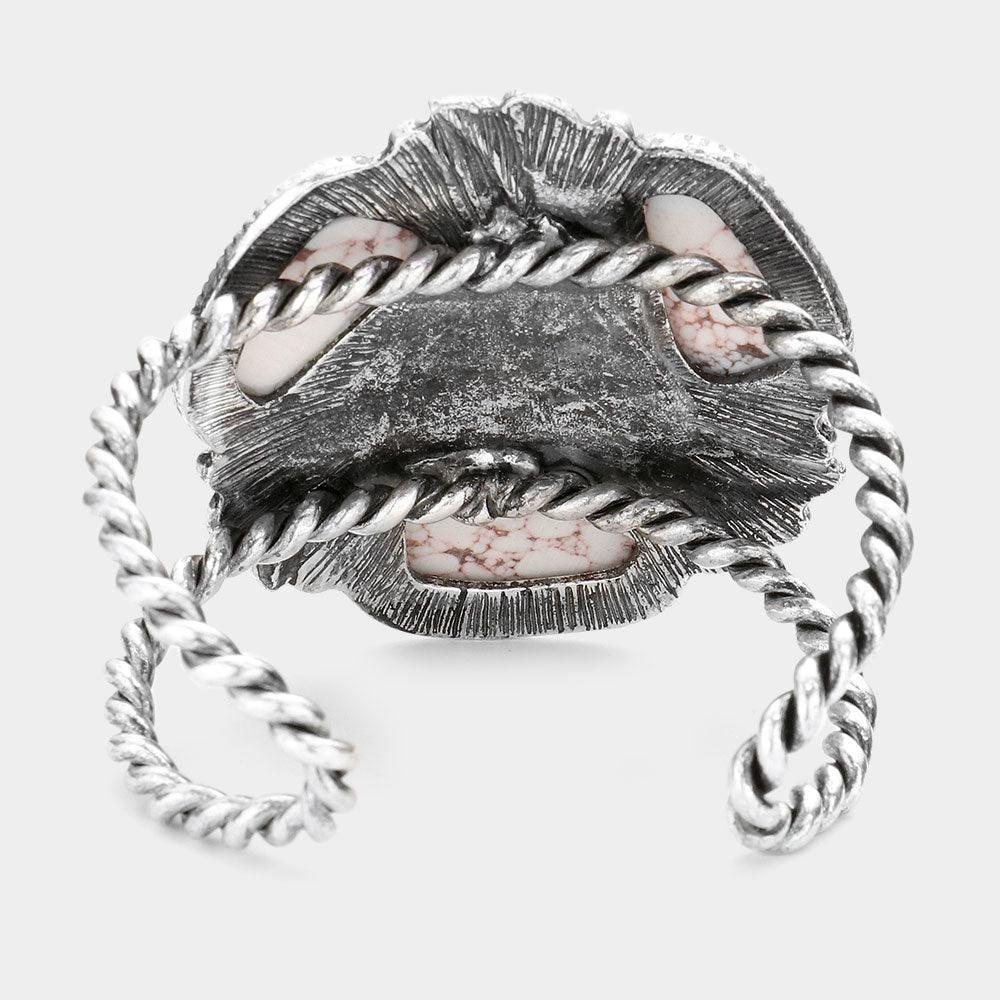 White Triple Abstract Natural Stone Metal Feather Cuff Bracelet - Jewelry Store by Erik Rayo