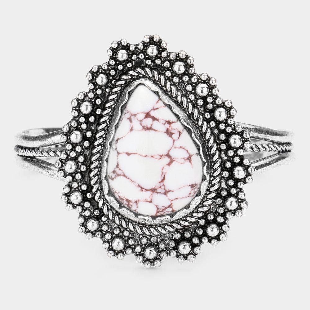 White Teardrop Natural Stone Antique Metal Cuff Bracelet - Jewelry Store by Erik Rayo