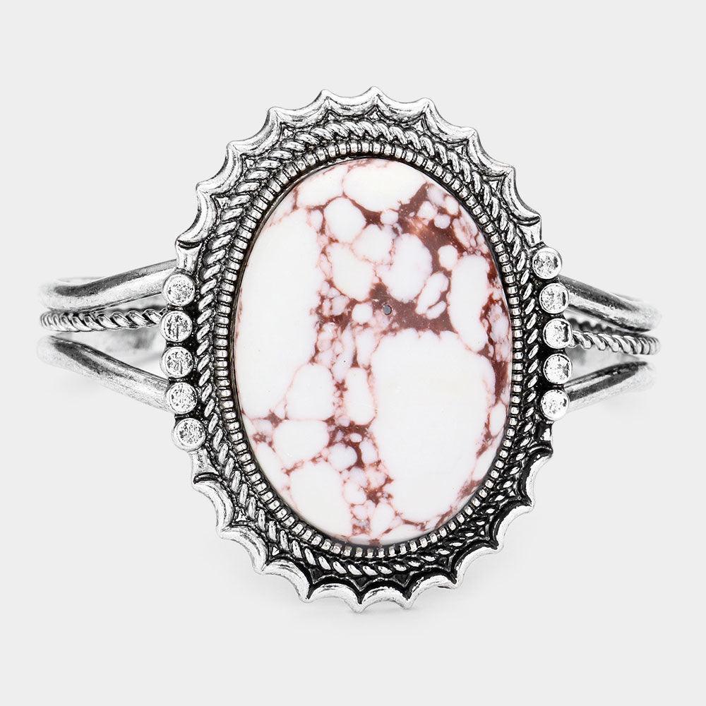White Oval Natural Stone Antique Metal Cuff Bracelet - Jewelry Store by Erik Rayo