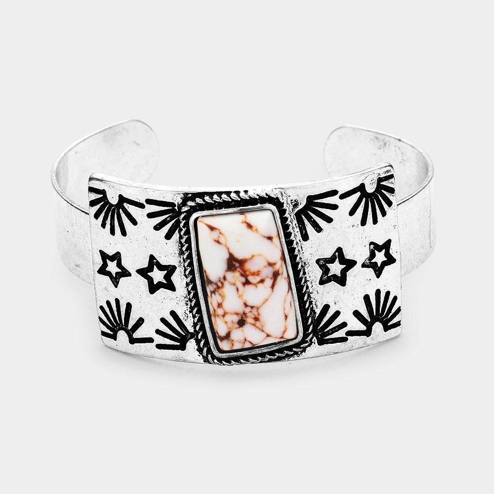 White Rectangle Natural Stone Accented Burnished Metal Cuff Bracelet - Jewelry Store by Erik Rayo