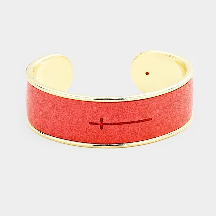 Pink Leather Engraved Cross Cuff Bracelet - Jewelry Store by Erik Rayo